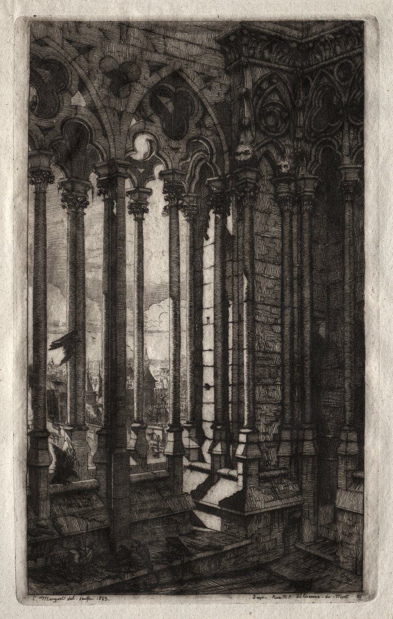Pariisin etsaukset: Notre Damen galleria, 1853. tekijältä Charles Meryon