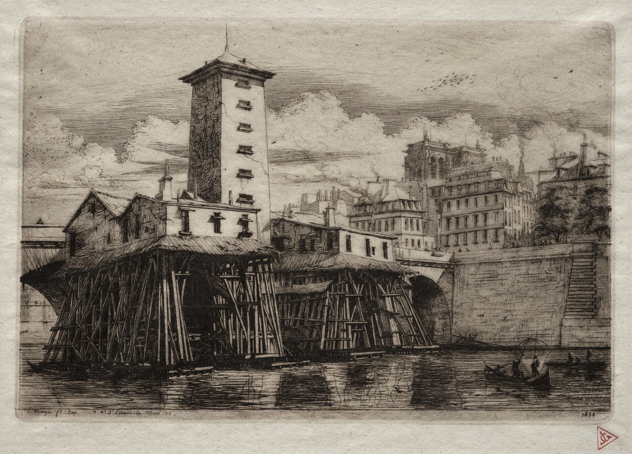 Pariisin etsaukset: Notre Damen pumppu, 1852. tekijältä Charles Meryon
