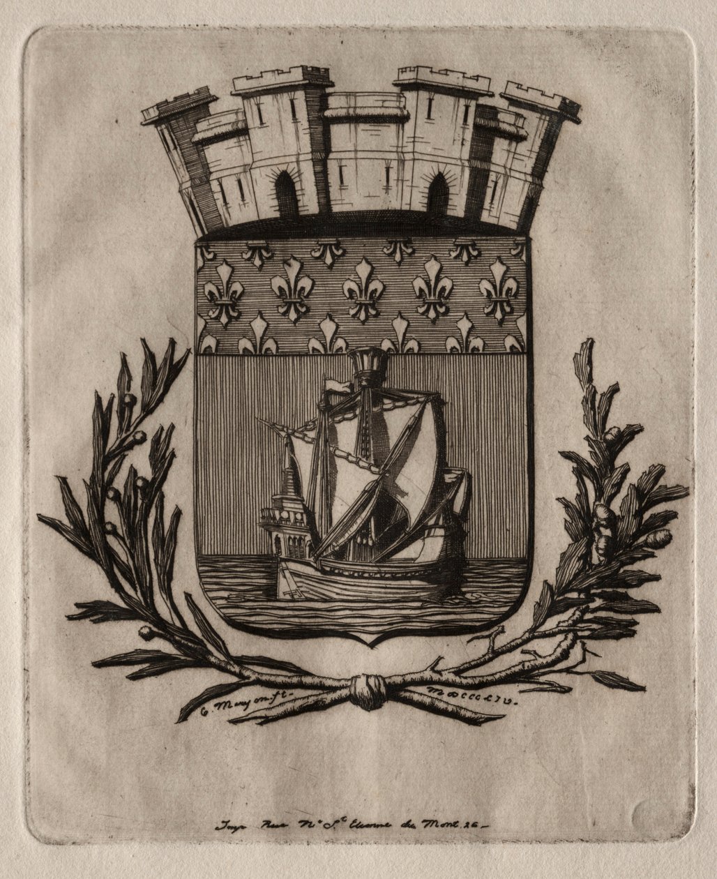 Pariisin etsaukset: Pariisin kaupungin symboliset käsivarret, 1854. tekijältä Charles Meryon
