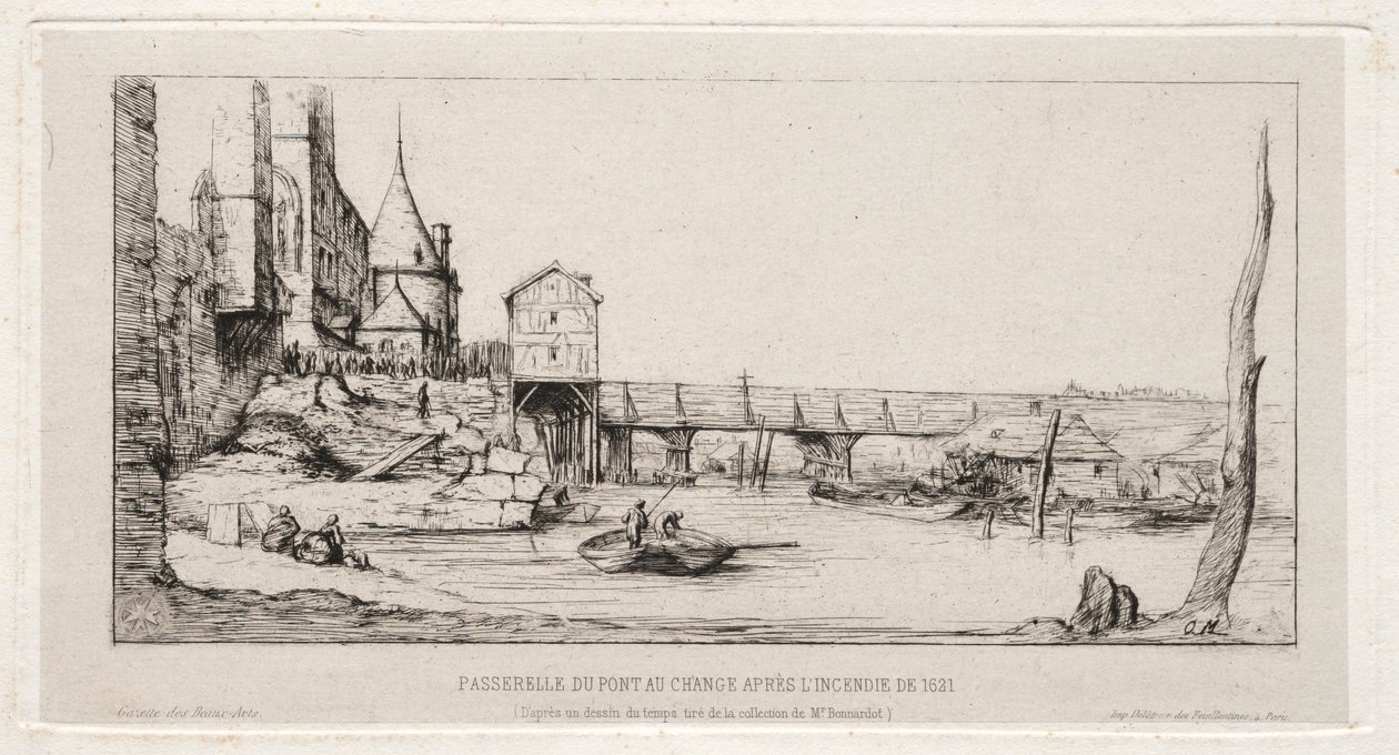 Jalankulkusilta korvaa väliaikaisesti Exchange Bridgen Pariisissa vuosien 1621 ja 1860 palon jälkeen. tekijältä Charles Meryon