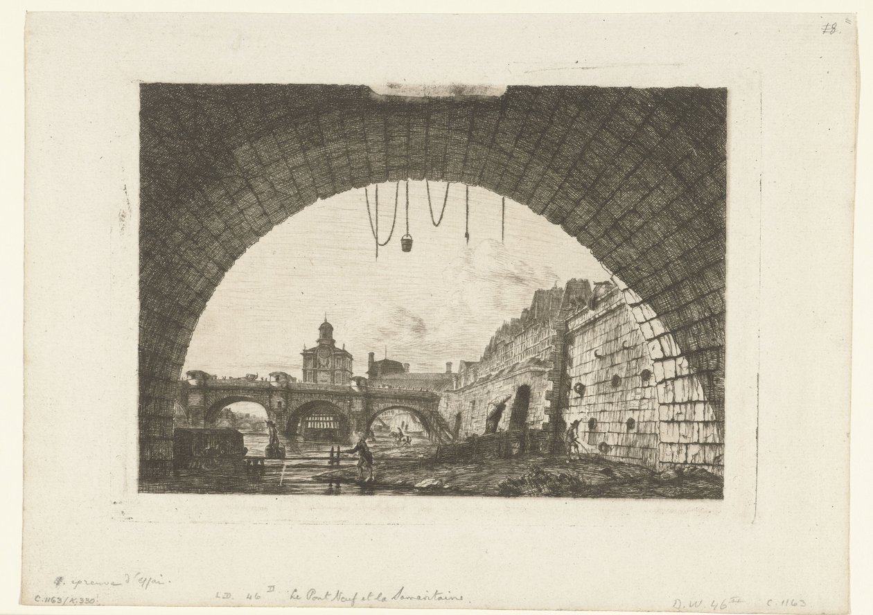 Gezicht op Pont-Neuf van onder boog Pont-au-Change Pariisissa Pont Neuf ja Samaritaine Pont au Changen ensimmäisen kaaren alta tekijältä Charles Meryon
