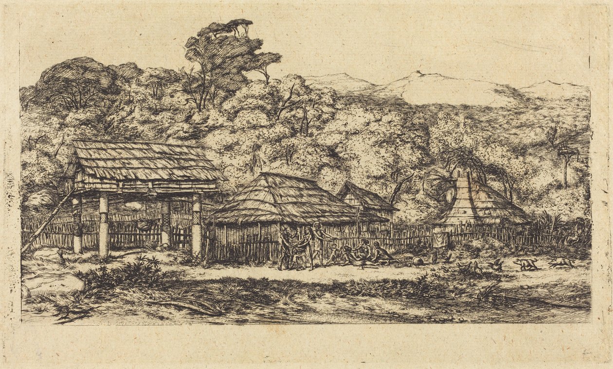 Alkuperäisasukkaiden aittoja ja asumuksia Akaroassa, Banksin niemimaalla, 1845 tekijältä Charles Meryon