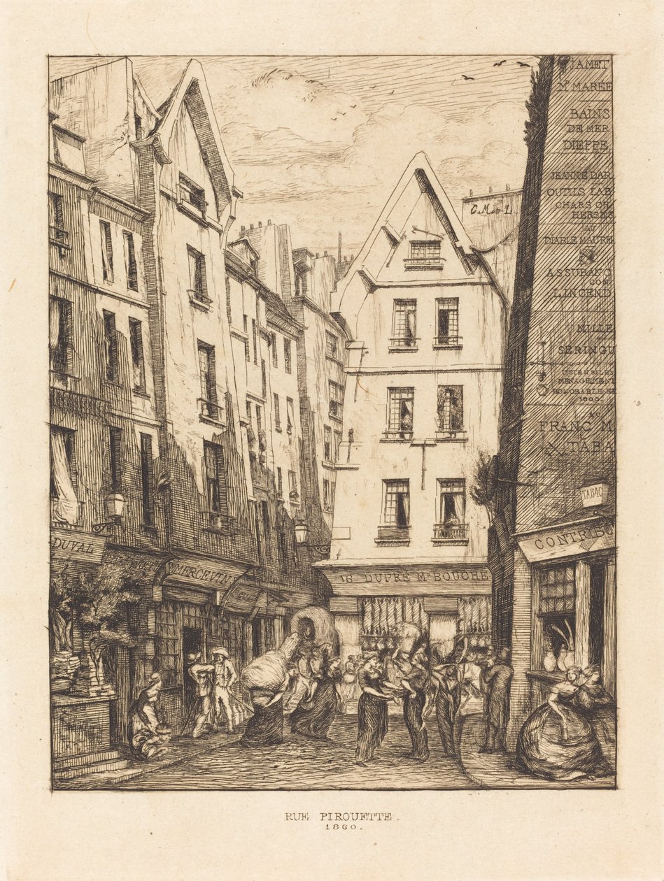 Rue Pirouette Les Hallesissa, Pariisissa (Pirouette Street, Near the Markets, Paris) tekijältä Charles Meryon