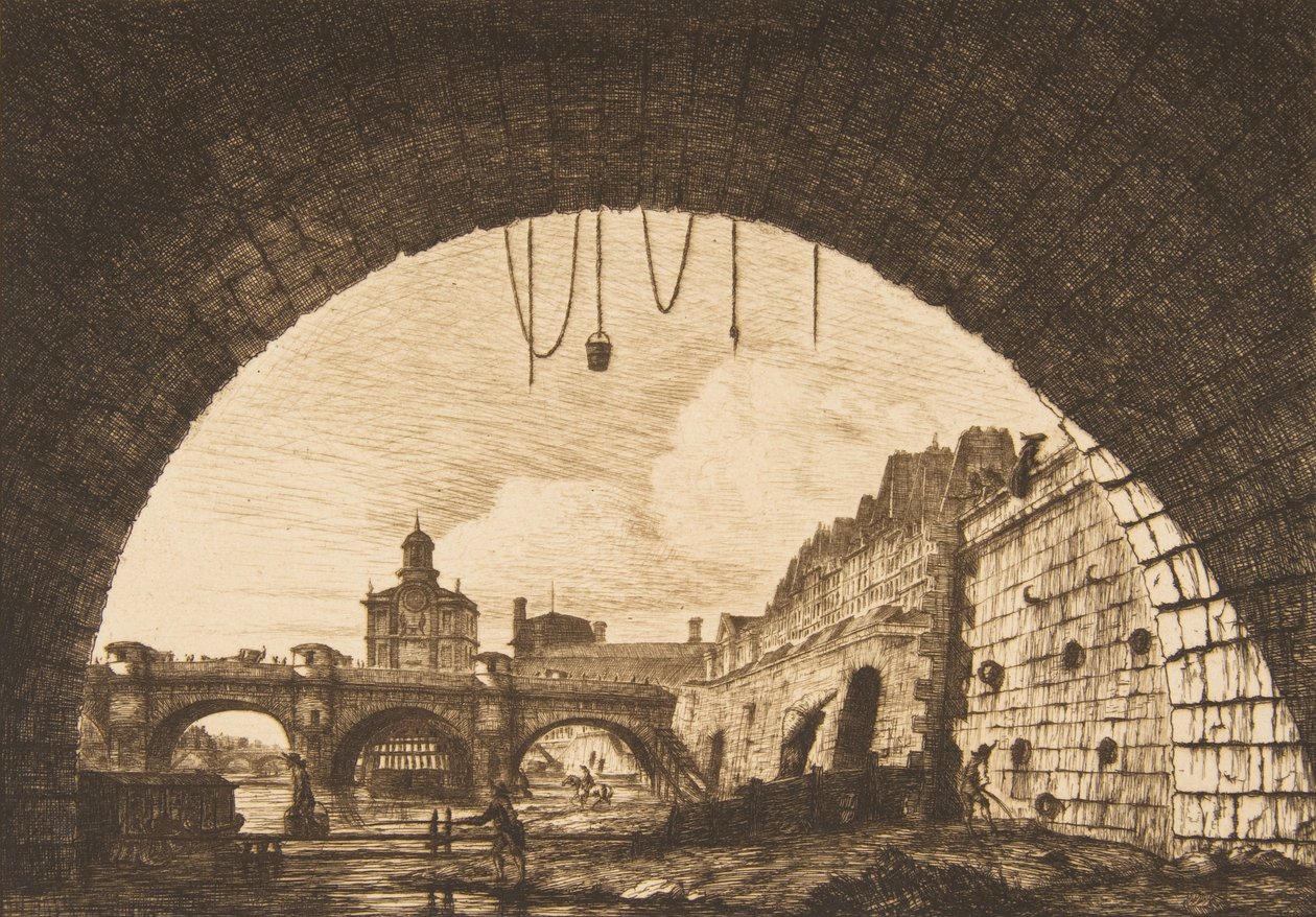 Pont-neuf ja Samaritaine Pont-au-Change Pont-neuf...n ensimmäisen kaaren alta, 1855. tekijältä Charles Meryon