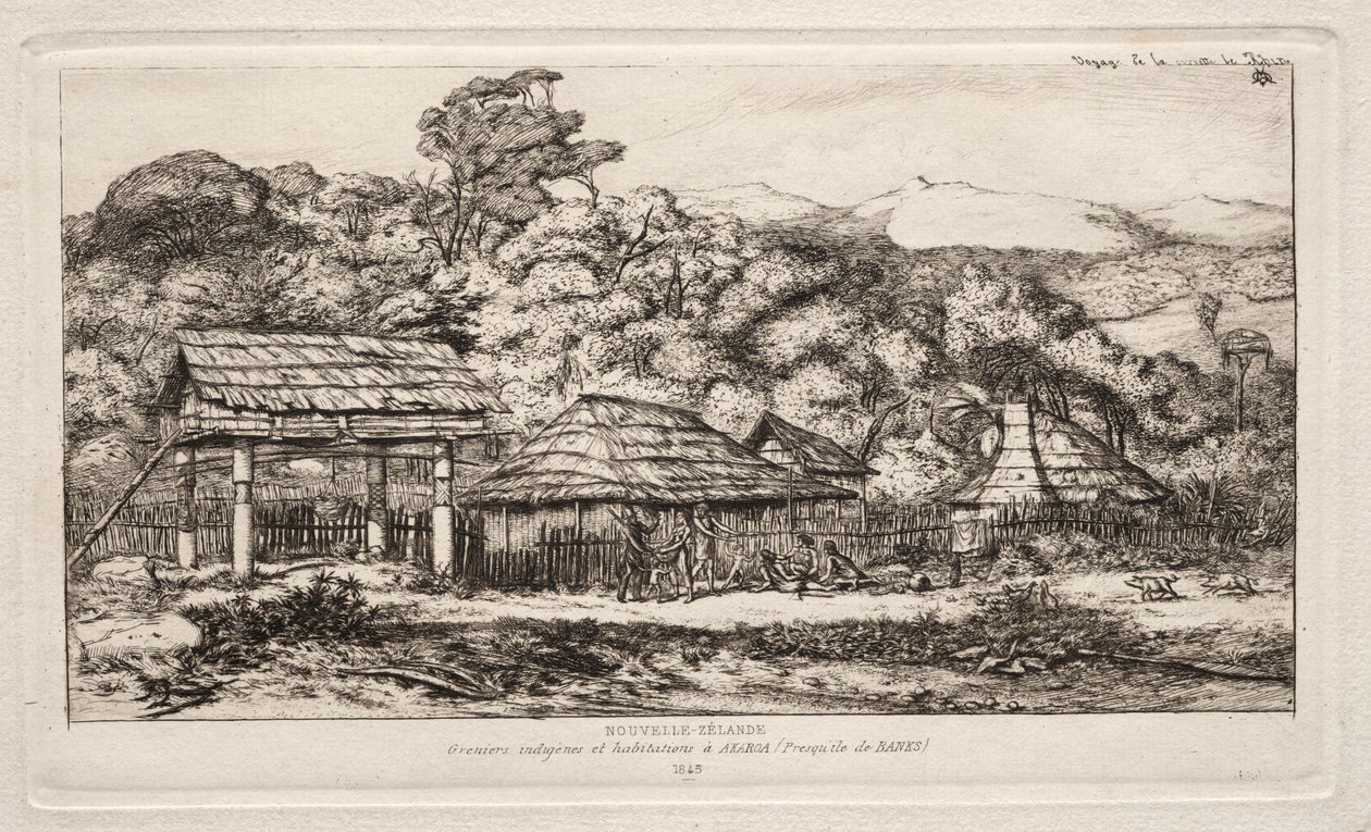 Alkuperäiset navet ja majat Akaroassa, Banksin niemimaalla, 1845 tekijältä Charles Meryon
