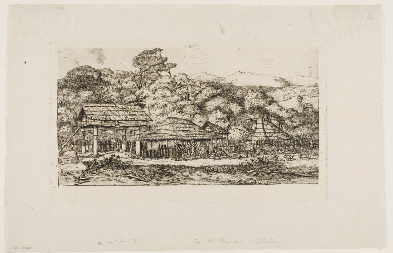 Alkuperäiskansojen latoja ja majoja Akaroassa, Banksin niemimaalla, 1845. tekijältä Charles Meryon