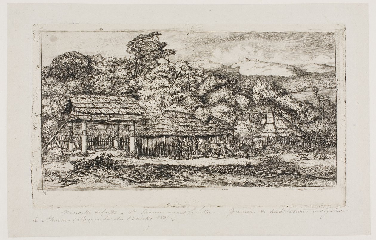 Alkuperäiskansojen latoja ja majoja Akaroassa, Banksin niemimaalla, 1845. tekijältä Charles Meryon