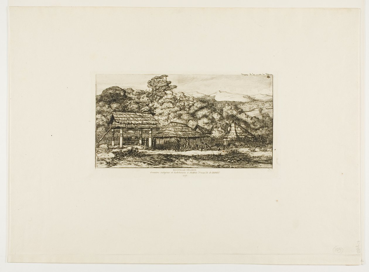Alkuperäiskansojen latoja ja majoja Akaroassa, Banksin niemimaalla, 1845. tekijältä Charles Meryon