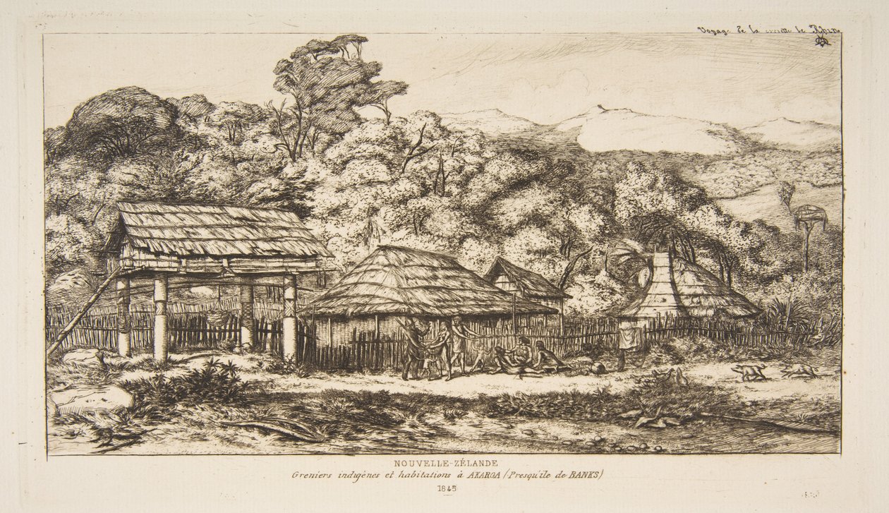 Alkuperäisväestön latoja ja majoja Akaroassa Banksin niemimaalla, 1845, teoksesta "Matka Uuteen-Seelantiin (1842-46)" tekijältä Charles Meryon