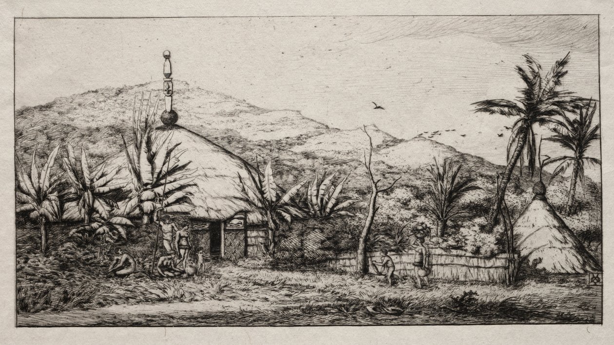 Uusi-Kaledonia: Suuri alkuperäiskota tiellä Baladesta Pueboon, 1845 tekijältä Charles Meryon