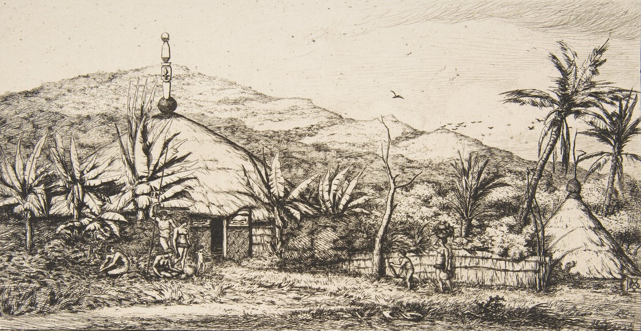 Uusi-Kaledonia: Suuri alkuperäiskota Baladesta Pueboon johtavalla tiellä, 1845, 1863. tekijältä Charles Meryon