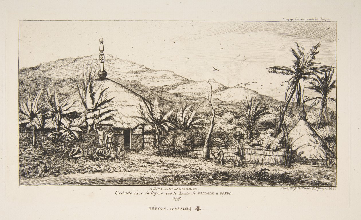 Uusi-Kaledonia: Suuri alkuasukasmaja Baladesta Pueboon johtavan tien varrella, 1845, teoksesta "Matka Uuteen-Seelantiin (1842-46)" tekijältä Charles Meryon