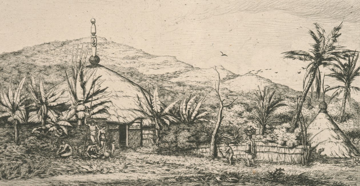 Uusi-Kaledonia, Uusi-Kaledonia: suuri alkuperäiskota Poepon kävelytiellä, kuva teoksesta "Etching of the Pacific...", 1863 tekijältä Charles Meryon