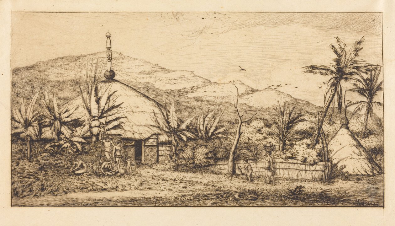 Uusi-Kaledonia: Suuri alkuperäiskansojen maja Balladen ja Poepon välisellä tiellä, 1845 (New Caledonia: Large Native Hut on the Road from Balade to Puebo, 1845) tekijältä Charles Meryon