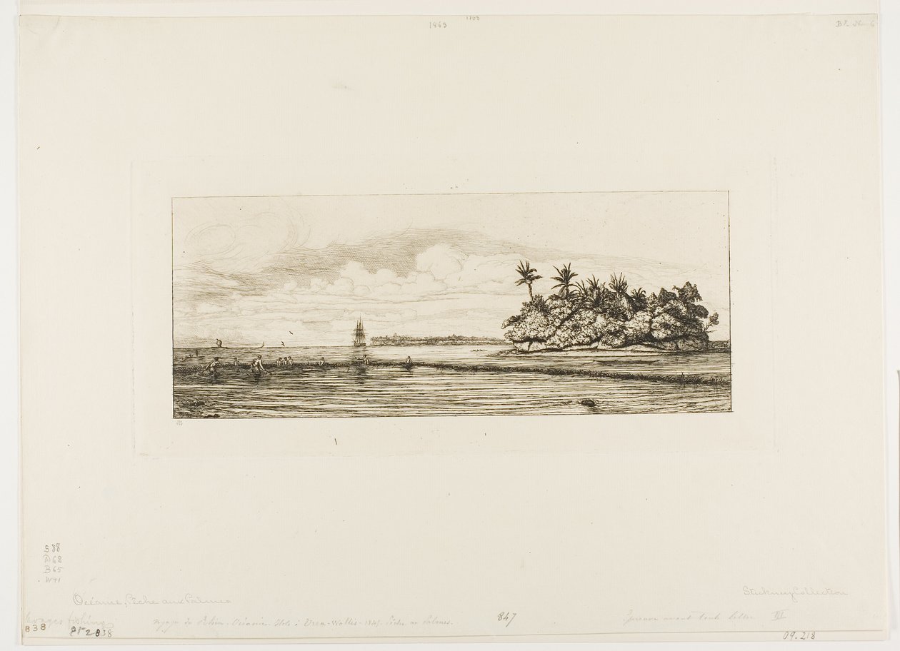Oseania: Kalastus, Palmssaarten lähellä Uea tai Wallis Group, 1845 tekijältä Charles Meryon