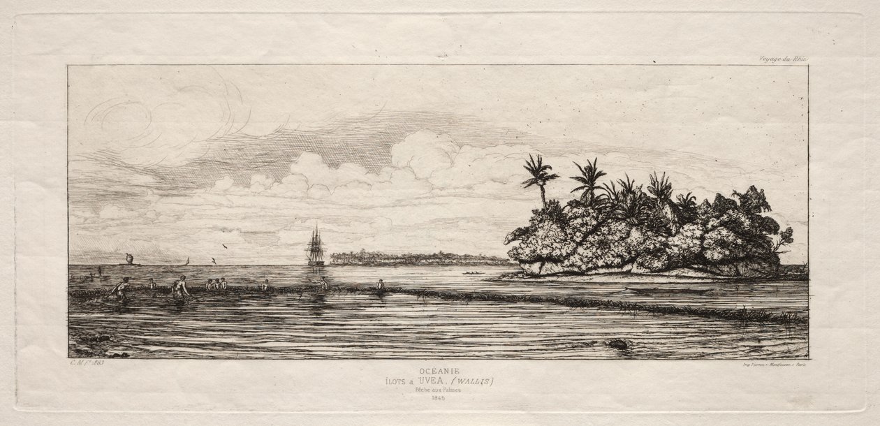 Oseania: Kalastus lähellä saaria palmuilla Ueassa tai Wallis-ryhmässä, 1845 tekijältä Charles Meryon