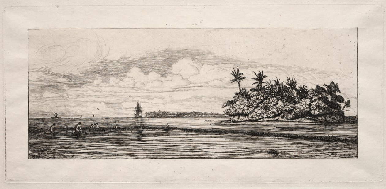 Oseania: Kalastus lähellä saaria palmuilla Ueassa tai Wallis-ryhmässä, 1863. tekijältä Charles Meryon