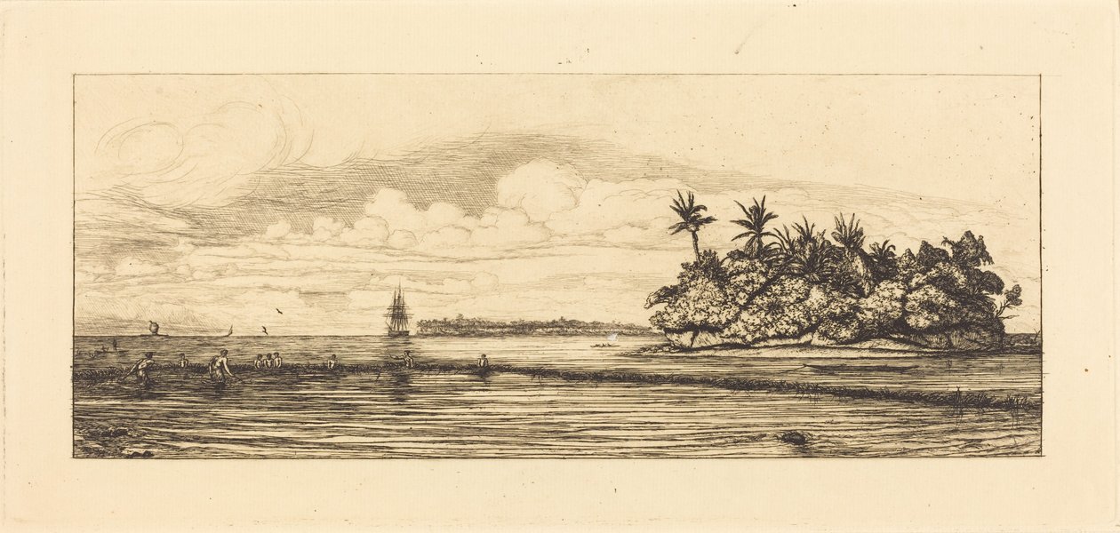 Oseania, Uvean (Wallis) saaret; Sukelluskalastus, 1845 (Oseania: Kalastus, Uvean tai Wallisin saariryhmän palmupuiden ympäröimillä saarilla) tekijältä Charles Meryon