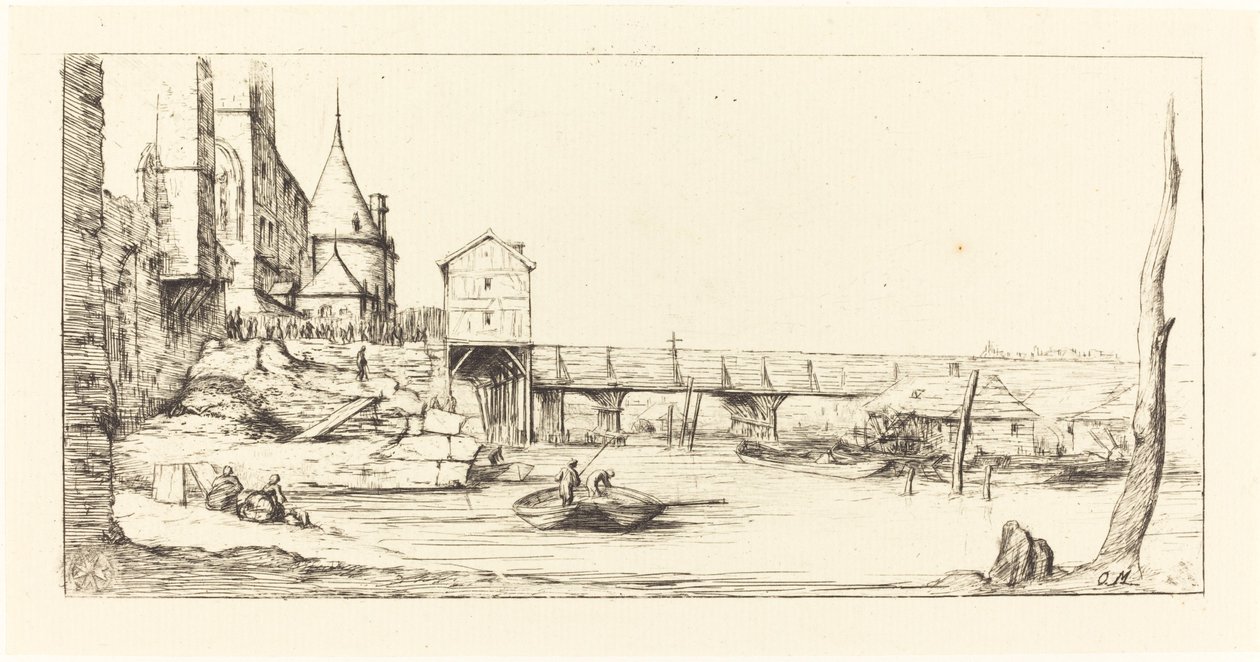 Passerelle du Pont-au-Change, Pariisi, vuoden 1621 jalkasillan tulipalon jälkeen..., 1860. tekijältä Charles Meryon