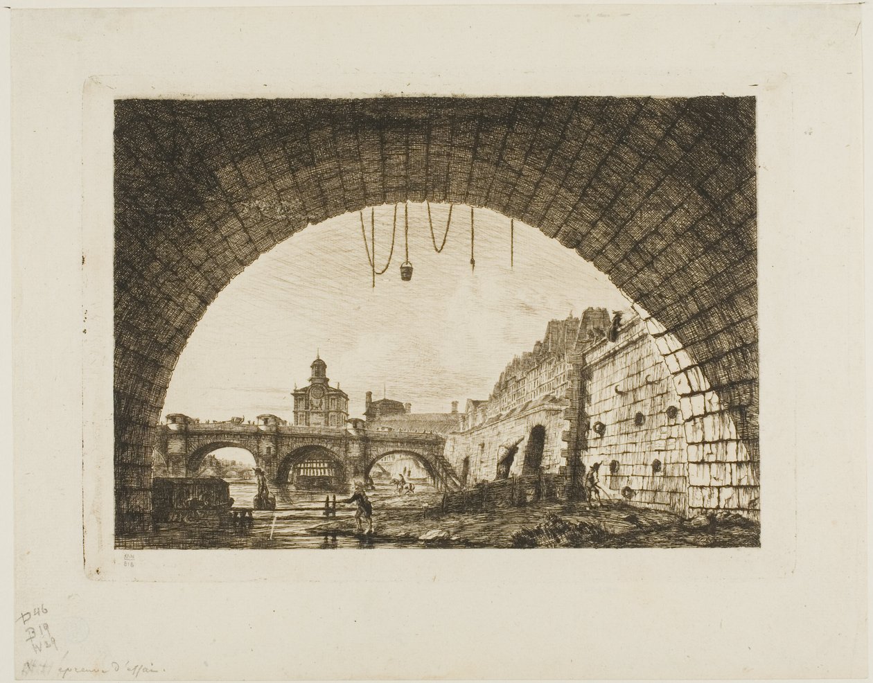 Pont-Neuf ja Samaritaine nähtynä Pont-au-Changen ensimmäisen kaaren alta, Pariisi tekijältä Charles Meryon