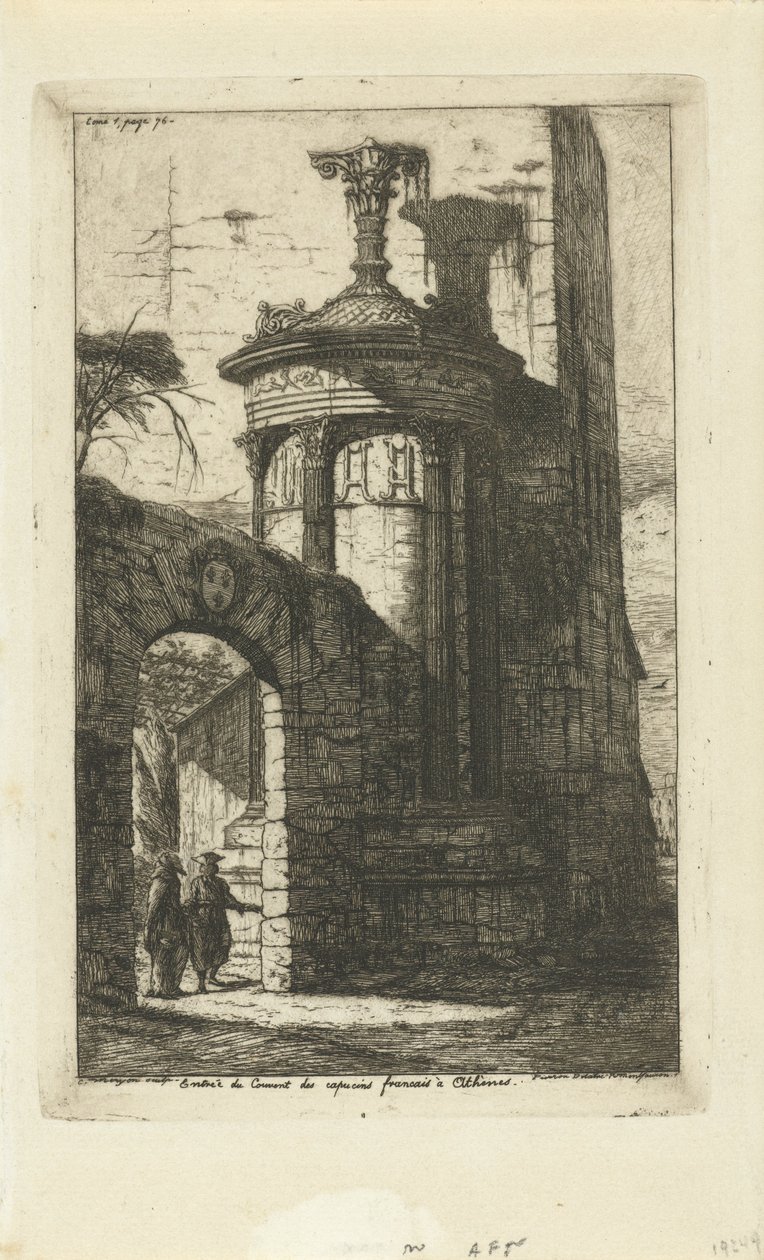 Portti Ateenan ranskalaisten kapusiinien luostarin sisäänkäynnissä Entrée du convent des Capucins Francais a Athenes (otsikko esineessä) tekijältä Charles Meryon