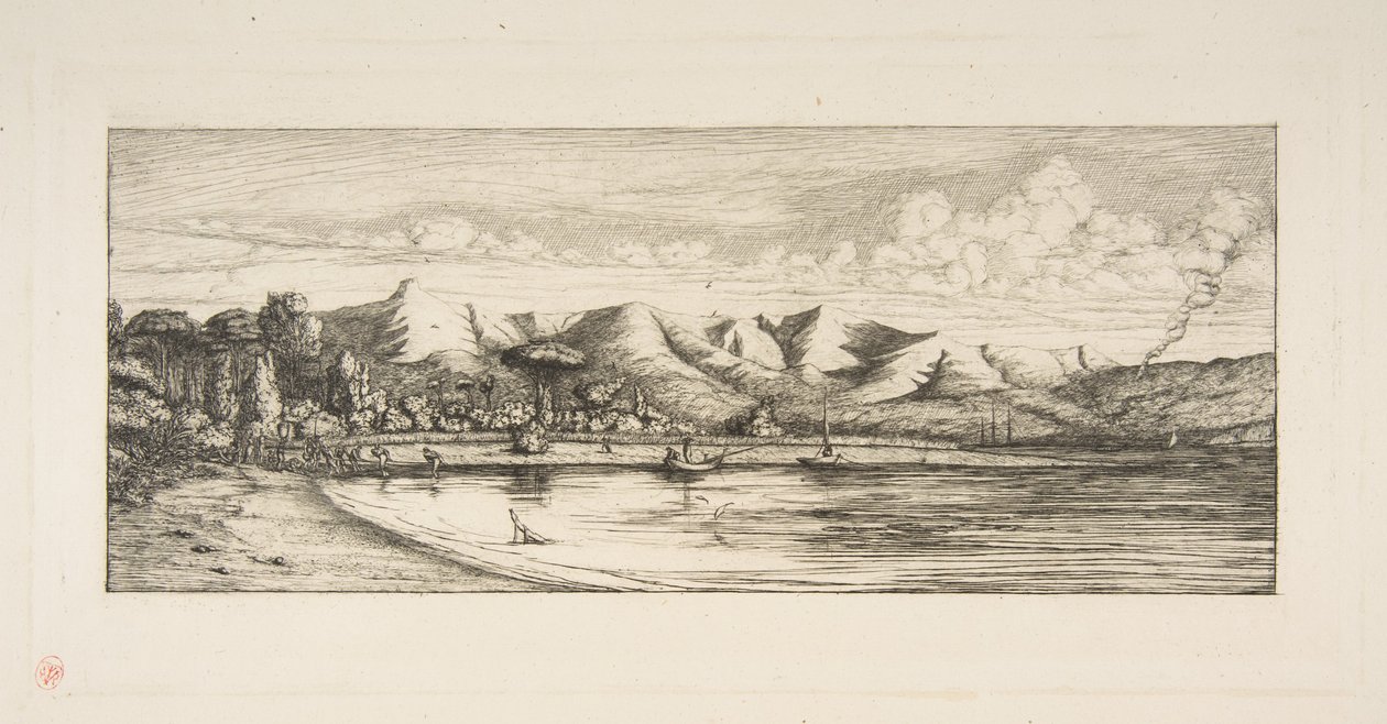 Banksin niemimaa, Pointe des Charbonniers, Akaroa (seini-kalastusta Colliers’ Pointin edustalla, Akaroa, Banksin niemimaa, 1845), teoksesta ”The Voyage to New Zealand (1842–46)” tekijältä Charles Meryon