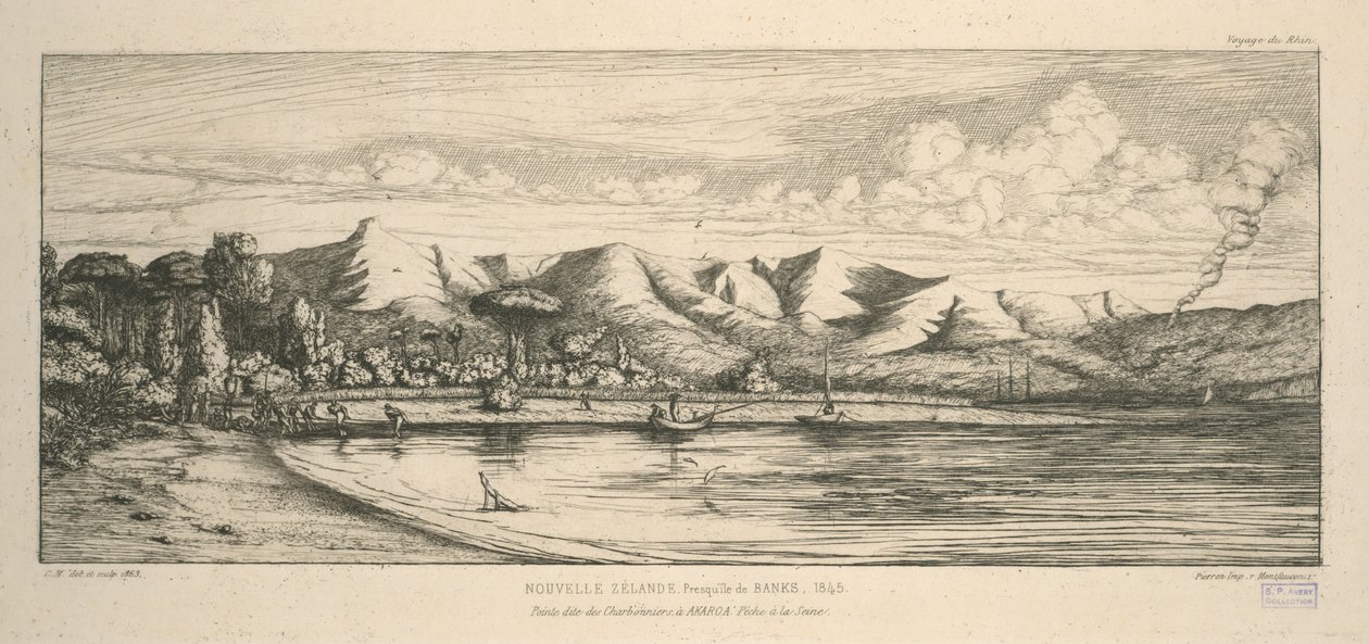 Banksin niemimaa, kärki nimeltä Charbonniers, Akaroassa, nuottakalastus, kuva teoksesta "Etchings of the Pacific" tekijältä Charles Meryon