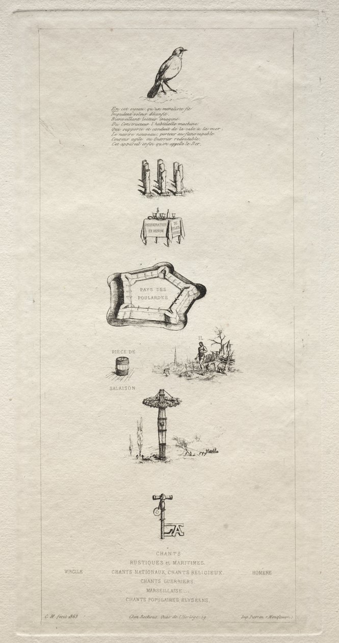 Rebus: Beranger ei ollut todella vahva, sillä hänellä ei koskaan ollut avainta pelloille, 1863. tekijältä Charles Meryon