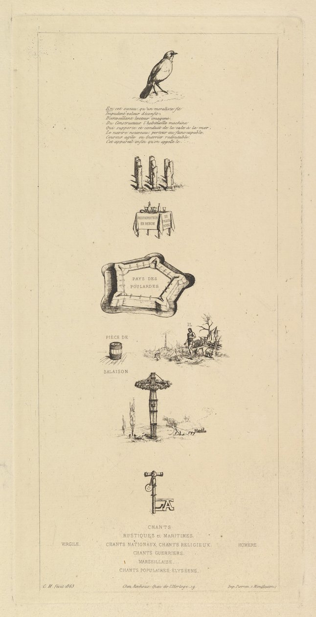 Rebus: Béranger ei ollut todella vahva, sillä hänellä ei koskaan ollut avainta pelloille, 1863. tekijältä Charles Meryon