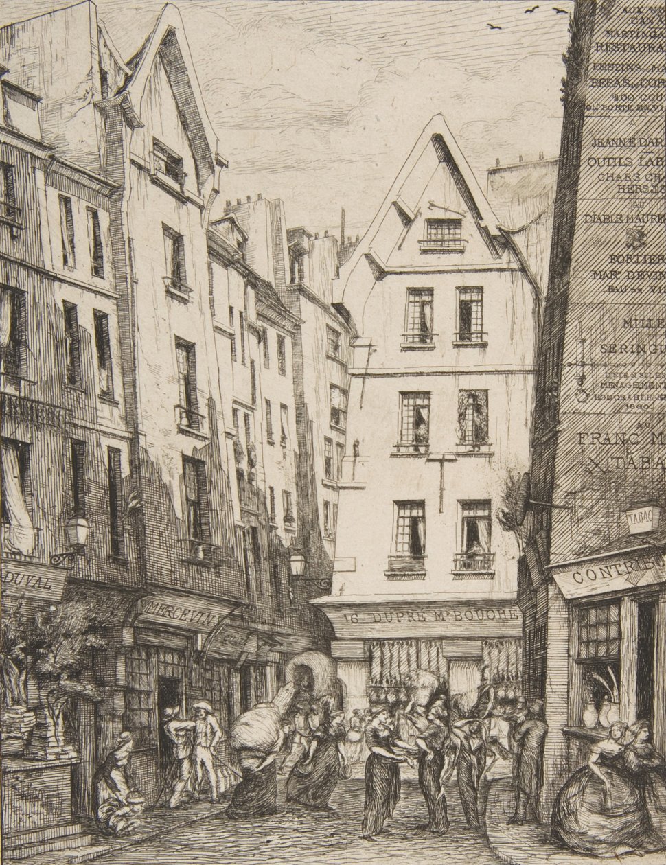 Rue Pirouette Les Hallesissa Rue Pirouette Les Hallesissa, Pariisissa, Laurencen jälkeen, 1860. tekijältä Charles Meryon