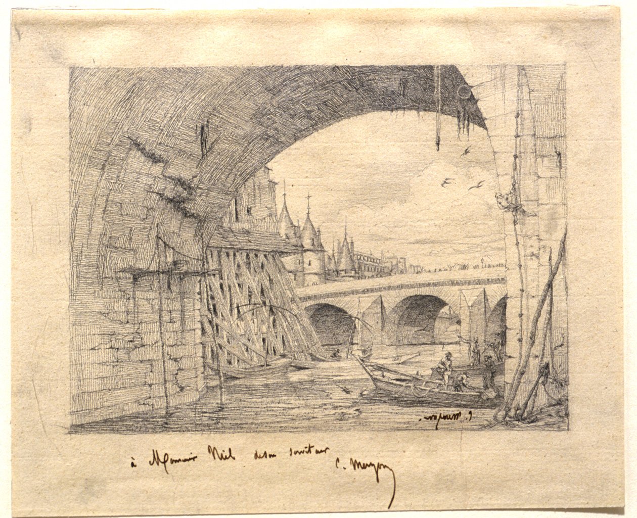 Tutkielma teokseen "Pont Notre-Damen silta-arkku" tekijältä Charles Meryon