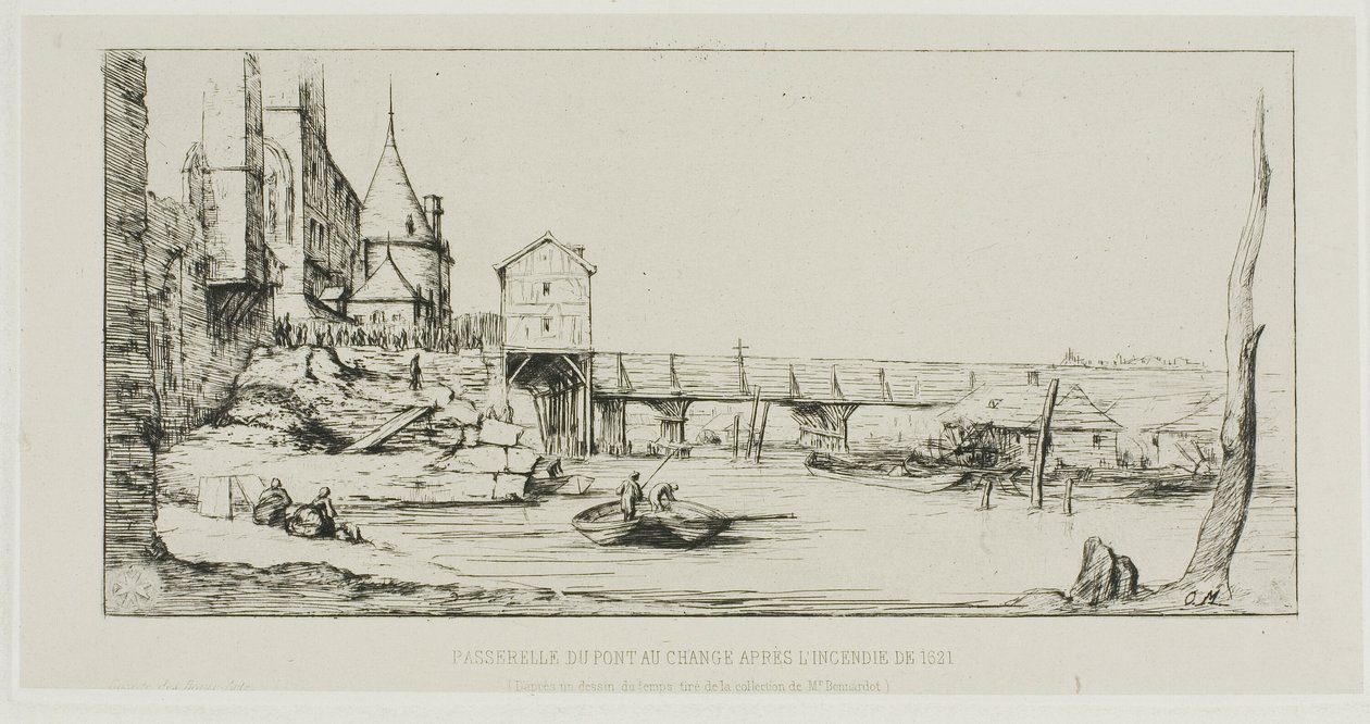 Jalankulkusilta, joka korvaa väliaikaisesti Pont-au-Changen Pariisissa vuoden 1621 palon jälkeen tekijältä Charles Meryon