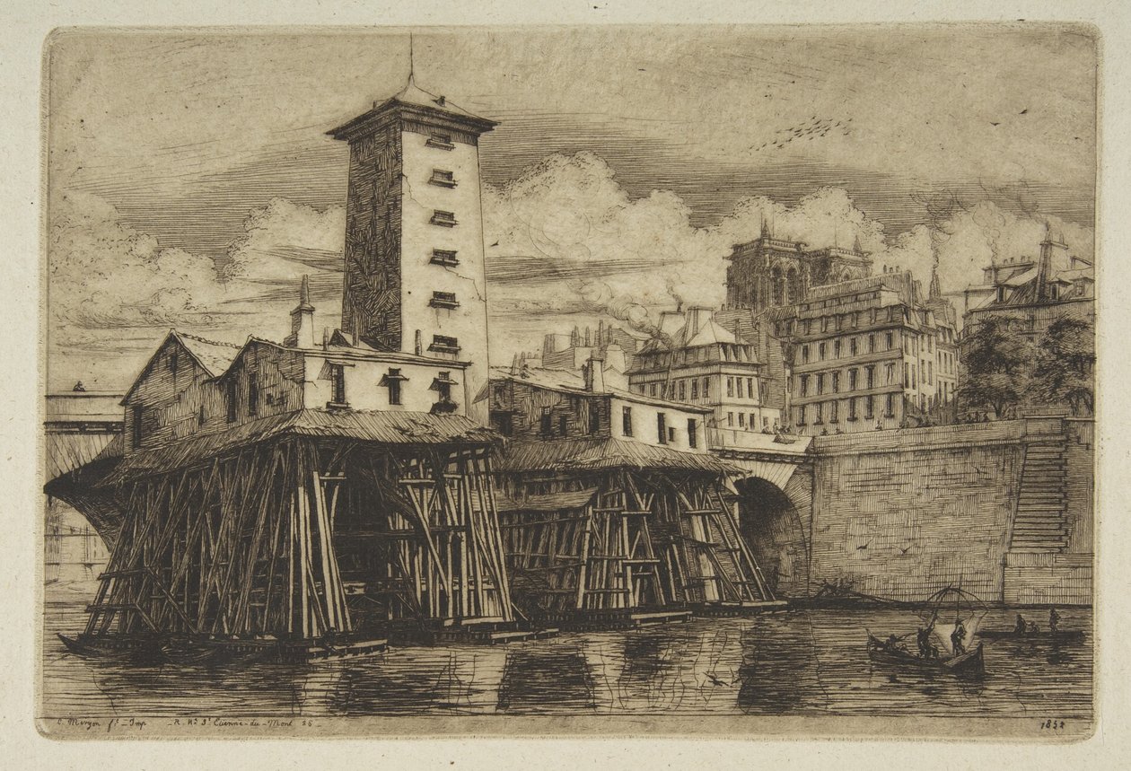 Notre-Damen pumppu, teoksesta "Pariisin etsaukset" tekijältä Charles Meryon