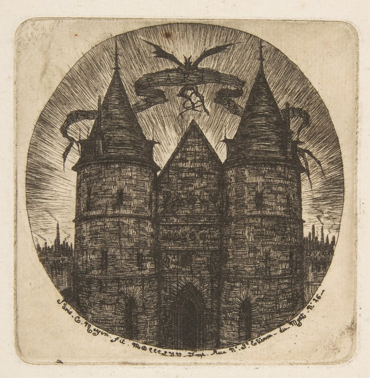 Palais de Justicen vanha sisäänkäynti, Pariisi, teoksen ”Etchings of Paris” etulehti tekijältä Charles Meryon