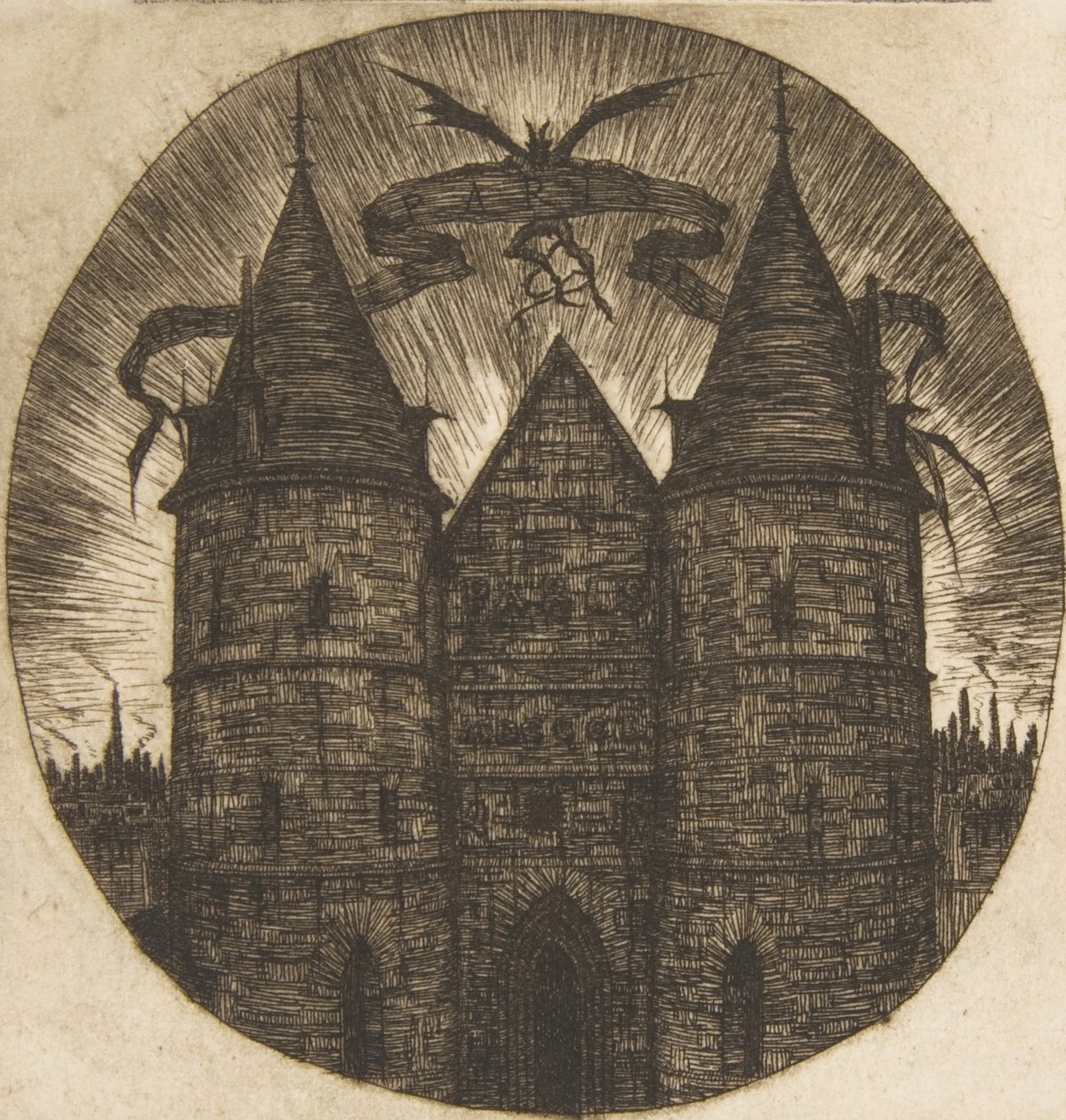 Palais de Justice -palatsin vanha portti, Pariisi, 1854. tekijältä Charles Meryon