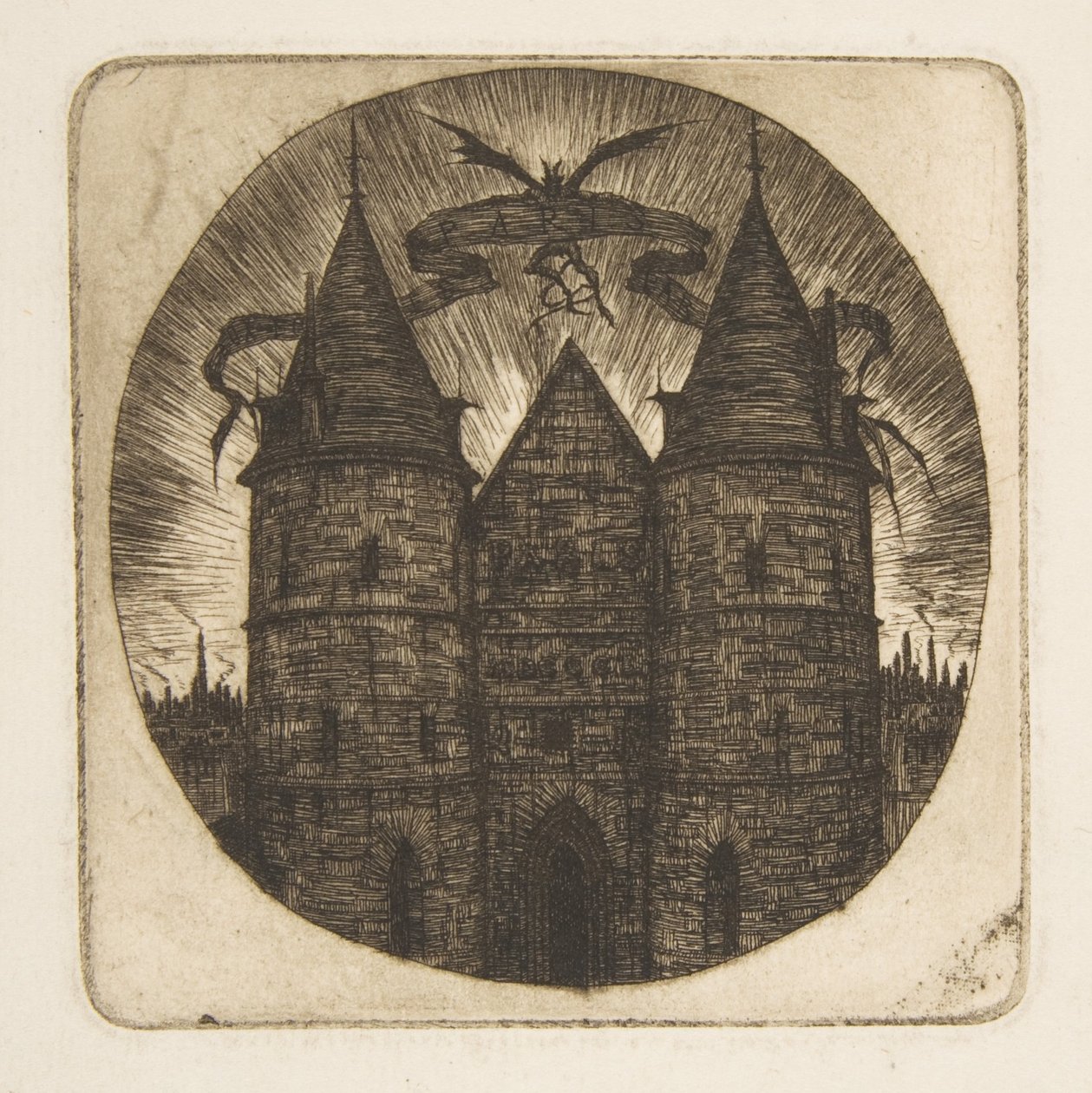 Palais de Justicen vanha portti, Pariisi, teoksen ”Etchings of Paris” etulehti tekijältä Charles Meryon