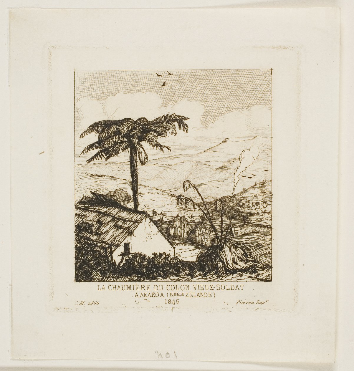 Vanhan sotilaan mökki, Akaroa, 1845. tekijältä Charles Meryon