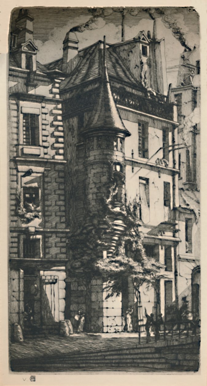2nd State Tixéranderie Street Turret, 9 34 x 5 316 tuumaa, 1852, 1927 tekijältä Charles Meryon