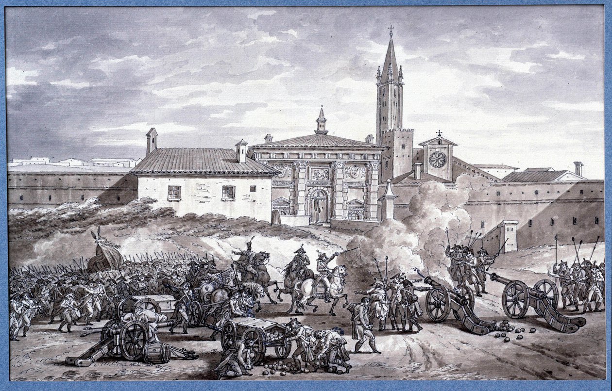 Italian kampanjat: "" Napoleon Bonaparte (1769-1821) ja marechal Augereau asettivat tykillä Veronan oven Italiaan vuonna 1796""" Piirros Charles Meynierin (1768-1832) kynään. Himmeä. 0,25x0,4 m. Pariisi, Louvre-museo tekijältä Charles Meynier