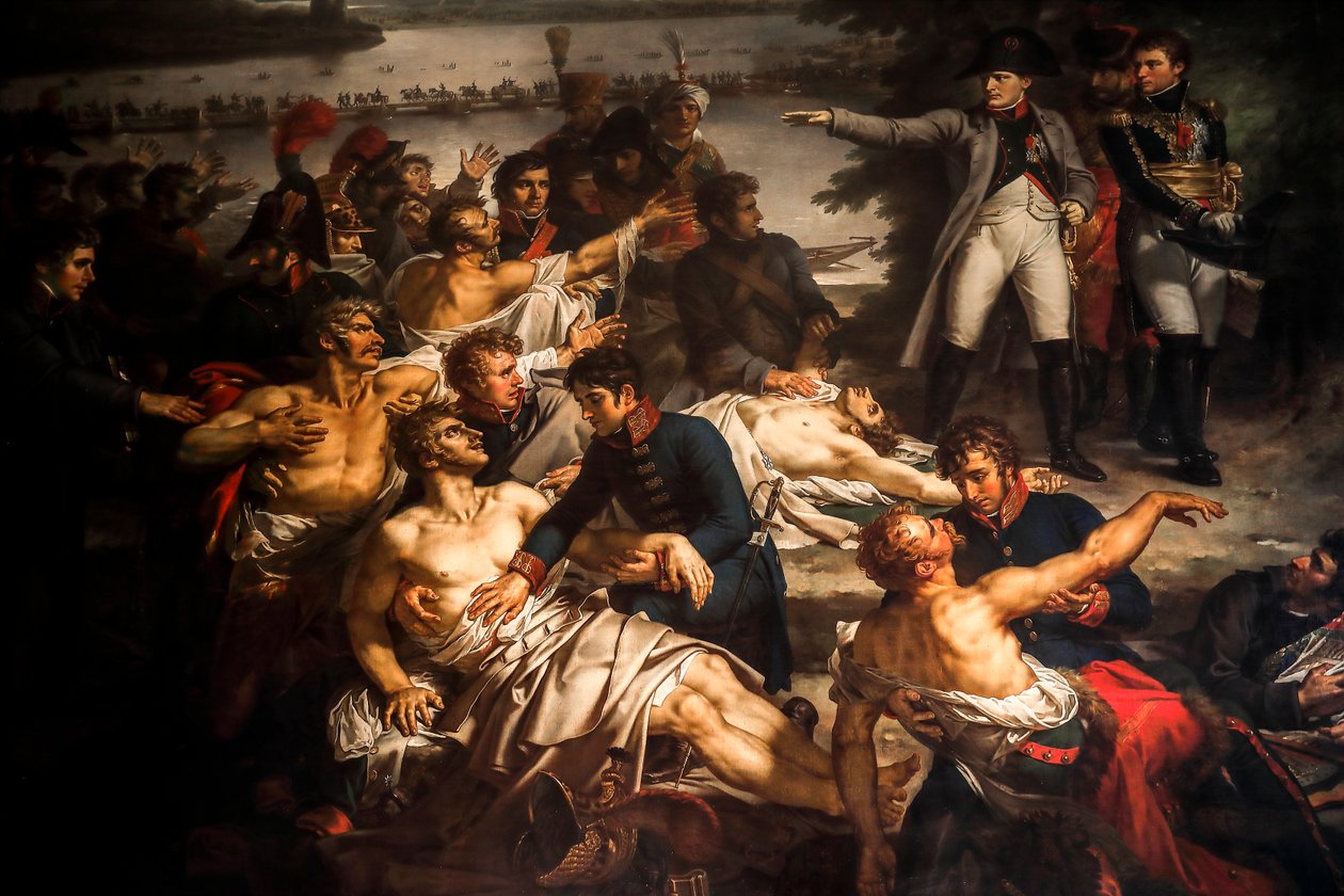 Napoleon vierailee haavoittuneiden sotilaiden luona Lobaun saarella tekijältä Charles Meynier