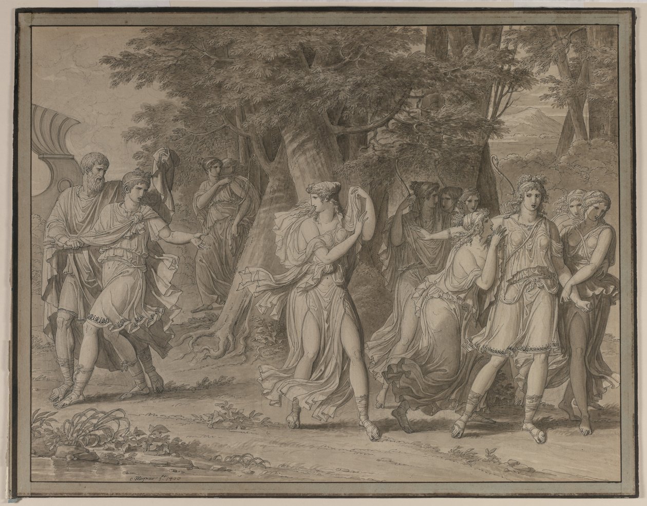 Telemachus, mentorin kehottama, poistumassa Calypson saarelta, 1800. tekijältä Charles Meynier