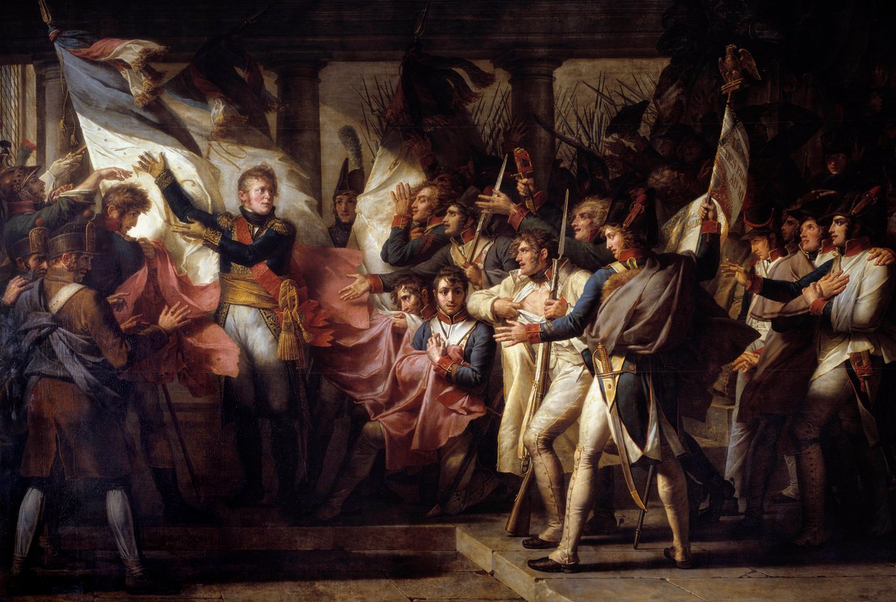 Marechal Michel Ney (1769-1815) luovutti 76. rivirykmentin sotilaille heidän lippunsa löydettiin 7.11.1805 Elchingenin taistelun jälkeisessä jaksossa Napoleonin armeijan ja Itävallan välillä. Charles Meynier (1768-1832) maalaus 1808 su. 3 tekijältä Charles Meynier