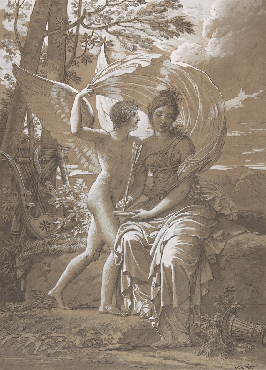 Muse Erato kirjoittaa säkeitä rakkauden innoittamana, n. 1797. tekijältä Charles Meynier