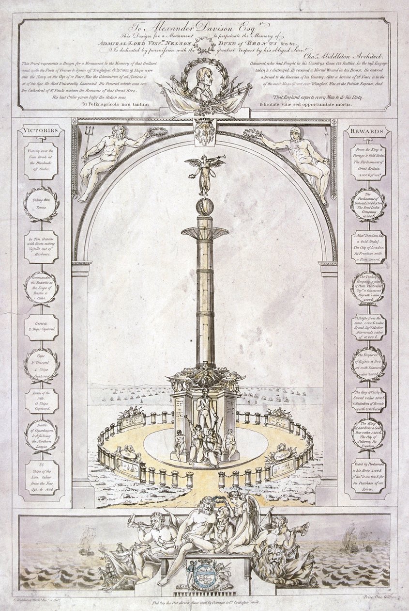 Suunnitelma amiraali lordi Nelsonin monumentille pylvään muodossa, 1806 tekijältä Charles Middleton