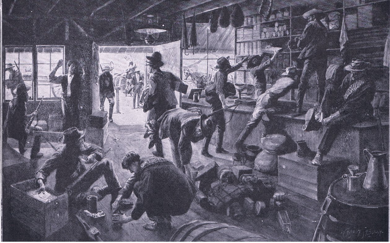 Buurit ryöstävät kauppaa Grange Riverin kiinteistössä, kuva Pretorian jälkeen: Sissisota, 1902 tekijältä Charles Mills Sheldon