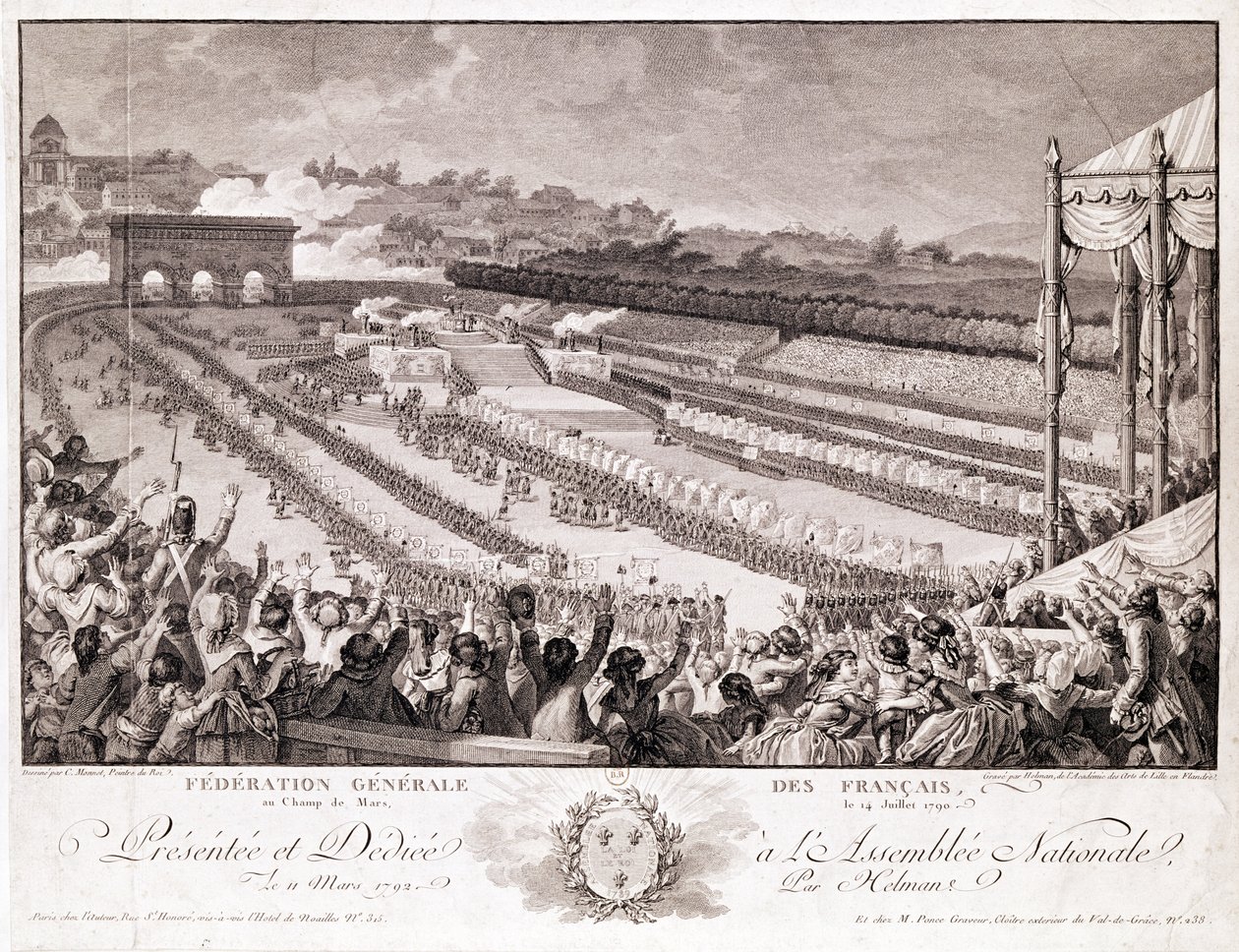 Federaation festivaali, 14. heinäkuuta 1790, Champ de Marsissa, 1700-luvun lopulla, kaiverrus Isidore Stanislas Helman (1743-1809) tekijältä Charles Monnet
