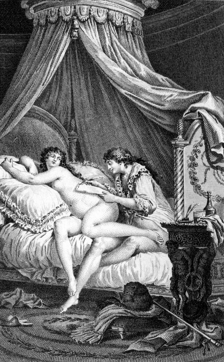 Kuvitus Choderlos de Laclosin "" Les Liaisons vaaraeuses" -kappaleeseen. Kaiverrus Charles Monnet (1732 - 1808): Valmont kirjoittaa kirjettä Emilien (kurtisaani) selkään. tekijältä Charles Monnet