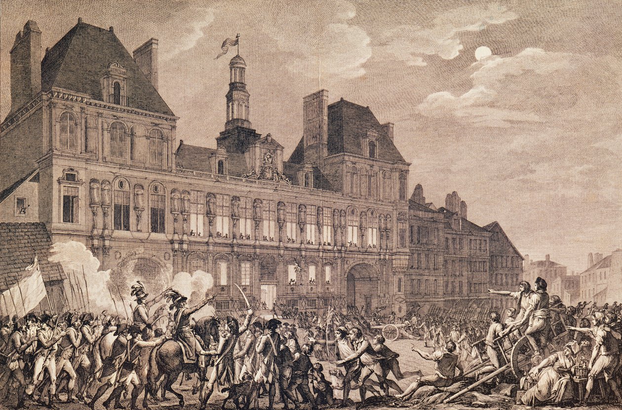 Robespierre, Saint-Just, Couthon ja Hanriot turvautumassa Hotel-de-Villeen Pariisissa, 9 Thermidor Year II (27. heinäkuuta 1794) 1800 tekijältä Charles Monnet