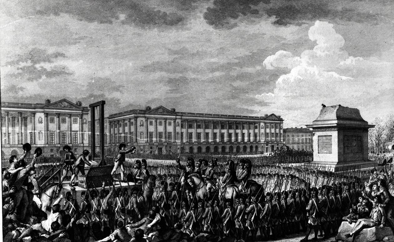 Päivä 21. tammikuuta 1793: Ludvig XVI:n (1754-93) kuolema Place de la Revolutionissa, kaiverrus Isidore Stanislas Helman (1743-1809) 1793 tekijältä Charles Monnet