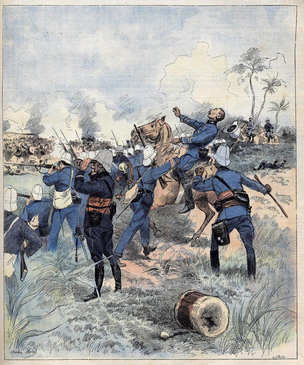 Komentaja Faurax kuoli Dogban taistelussa 19. syyskuuta 1892 Dahomeyssa (nykyinen Benin) vuoden 1892 aquerelle de Morelin jälkeen. tekijältä Charles Morel